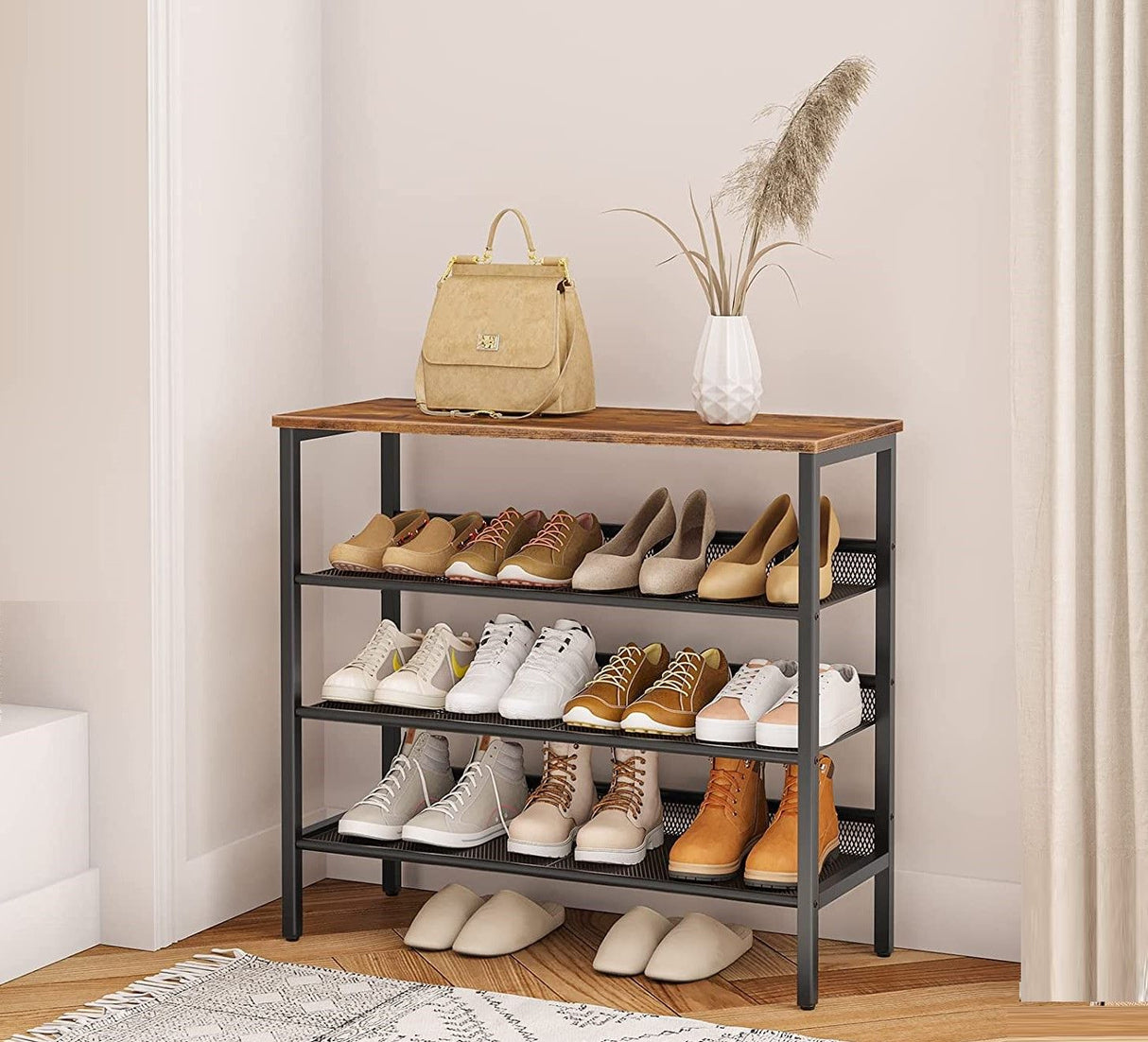 Rustic Industrial 4-Tier Shoe Storage Bench with Easy Assembly