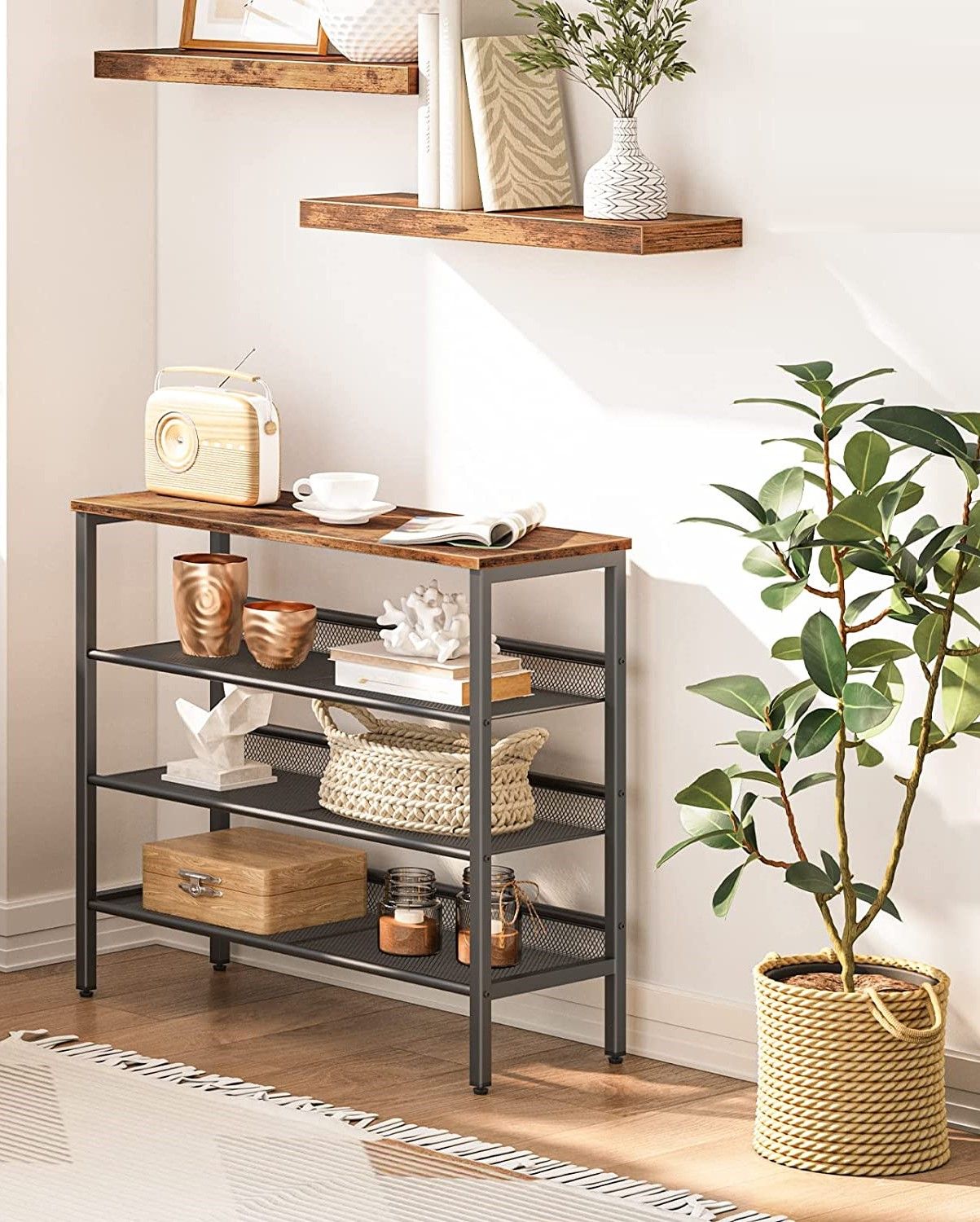 Rustic Industrial 4-Tier Shoe Storage Bench with Easy Assembly