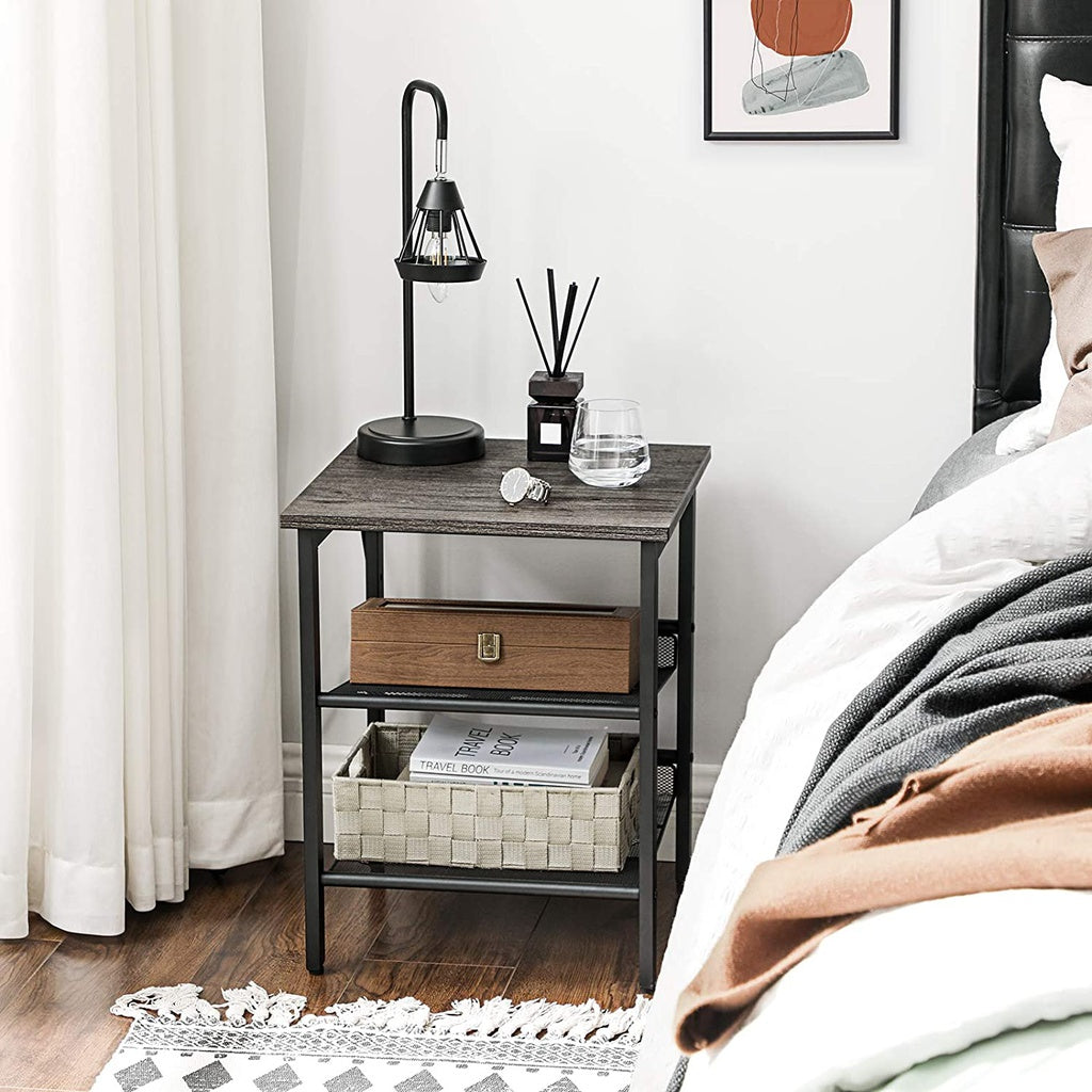 Set of 2 Industrial Charcoal Gray and Black Side Tables with Adjustable Shelves