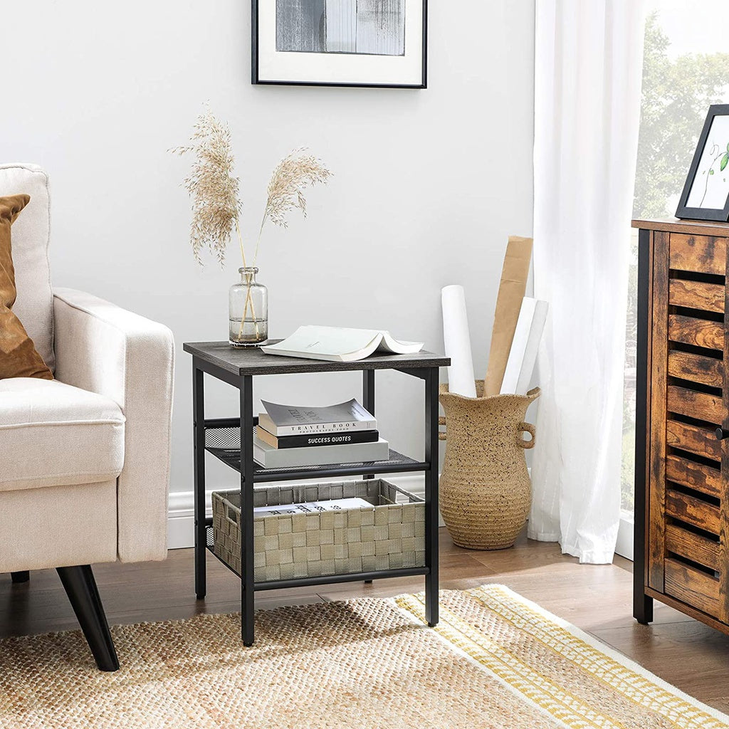 Set of 2 Industrial Charcoal Gray and Black Side Tables with Adjustable Shelves