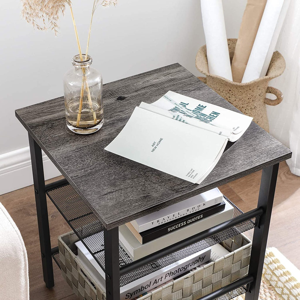 Set of 2 Industrial Charcoal Gray and Black Side Tables with Adjustable Shelves