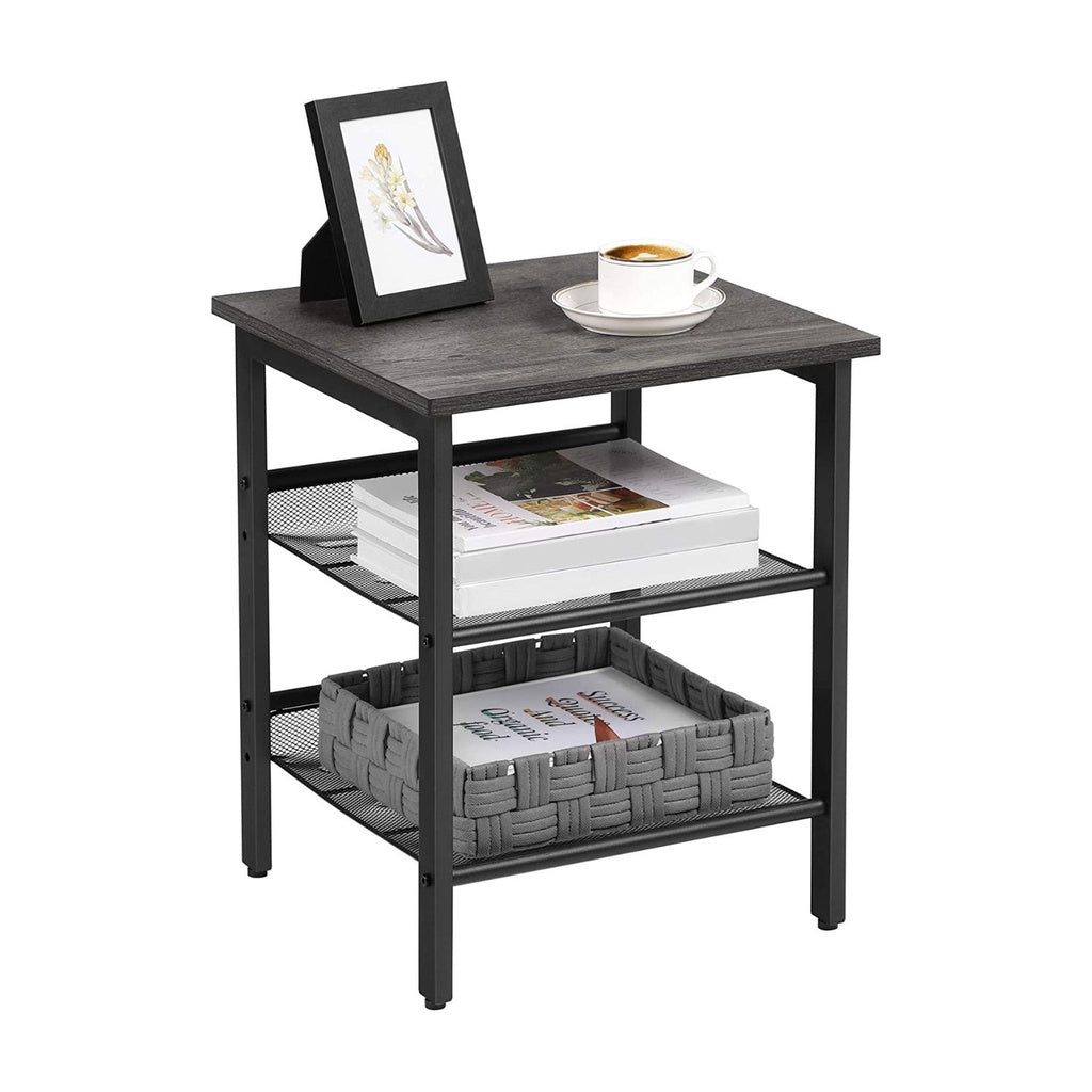 Set of 2 Industrial Charcoal Gray and Black Side Tables with Adjustable Shelves