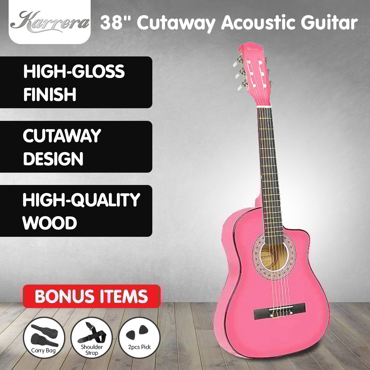 Karrera 38-Inch Cutaway Pink Acoustic Guitar Set with Bag