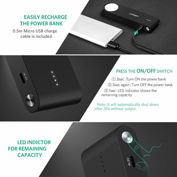 UGREEN 2200mAh Portable Power Bank with Magnetic Charger for Apple Watch and iPhone (Black)