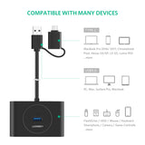 UGreen 4-Port USB 3.0 Hub with Type C Connector - 1M Cable, Black - Front View