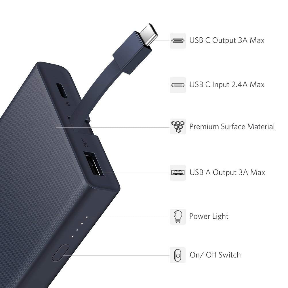 UGreen 10000mAh Portable Power Bank with USB-C Cable - Blue 40972