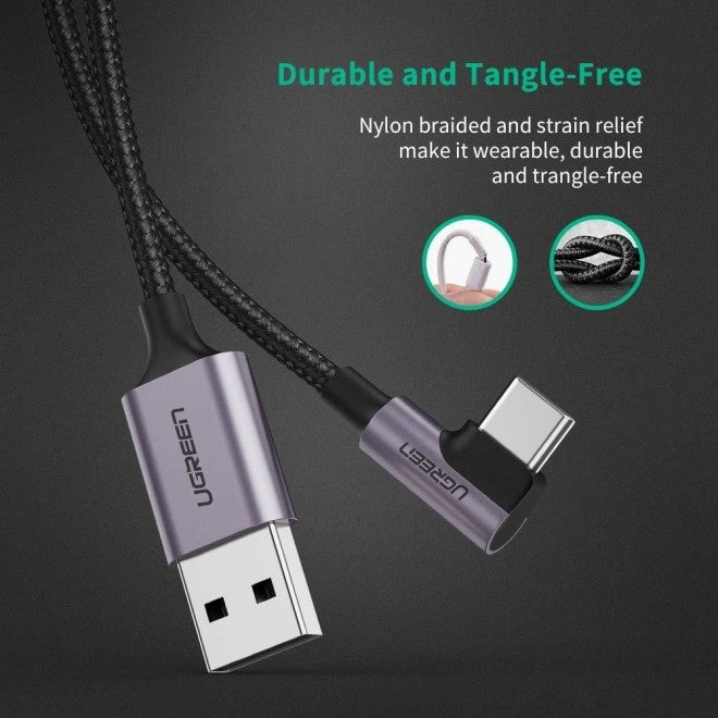 UGREEN 90-Degree USB-C to USB 2.0 Round Cable with Aluminum Shell - 1m (Gray/Black) 50123