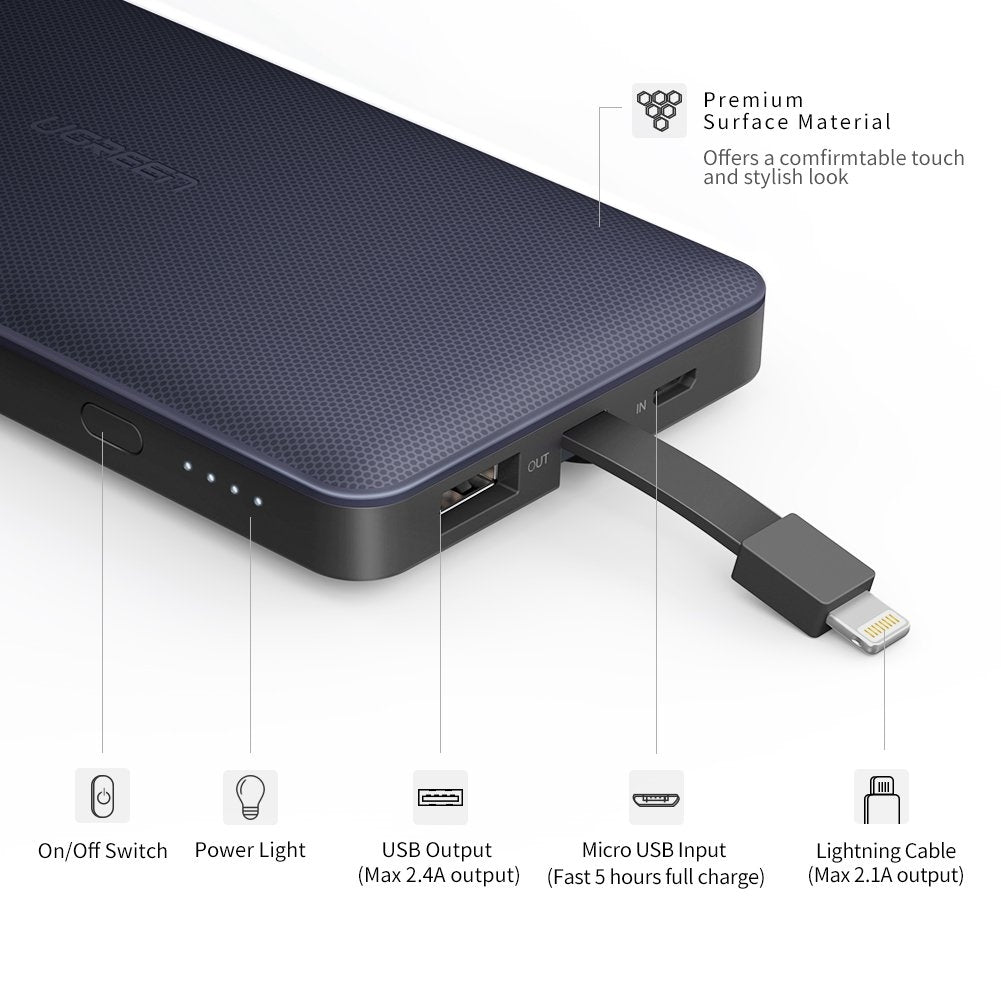 UGREEN 10000mAh Dual USB Portable Charger - Black