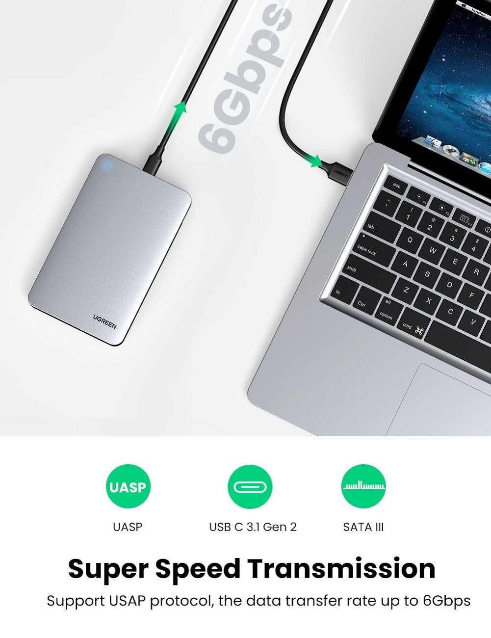 UGREEN 70498 USB-C 2.5" SATA Hard Drive Case with UASP Support