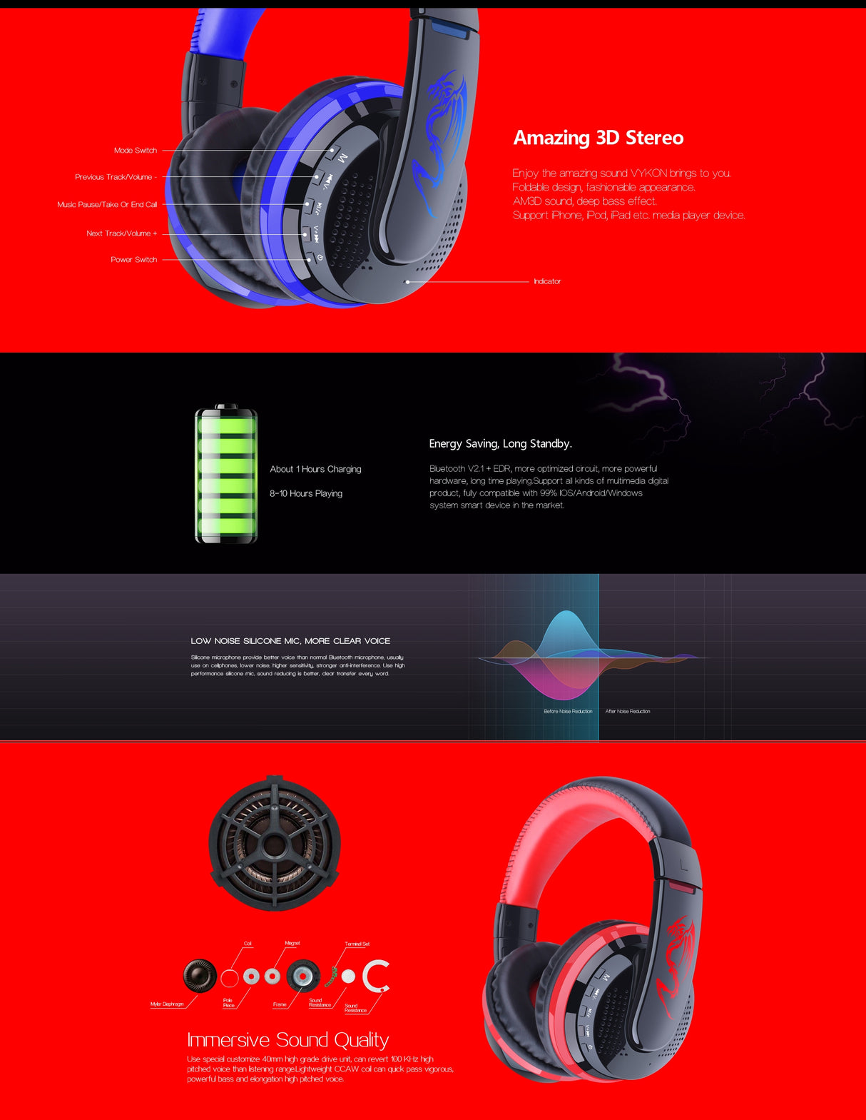 OVLENG MX666 Noise Cancelling Wireless Bluetooth Headphones with Microphone - Red