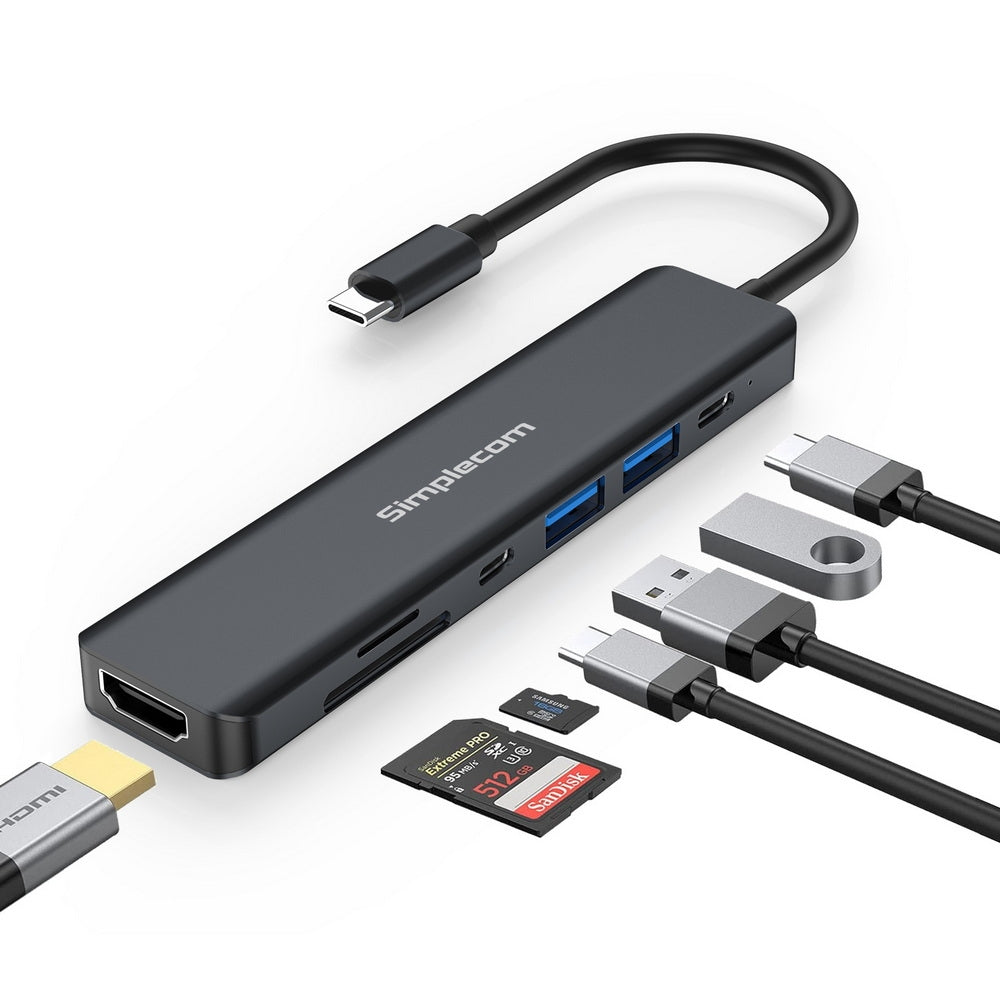Simplecom CH570 USB-C 7-in-1 Hub: Multiport Adapter with HDMI 4K, USB 3.0, and SD Card Reader