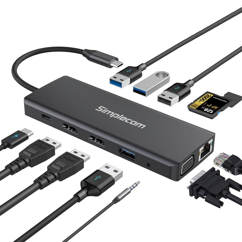 Simplecom CHN612 12-in-1 USB-C Docking Hub with Dual HDMI, VGA, and Gigabit Ethernet for Triple Display