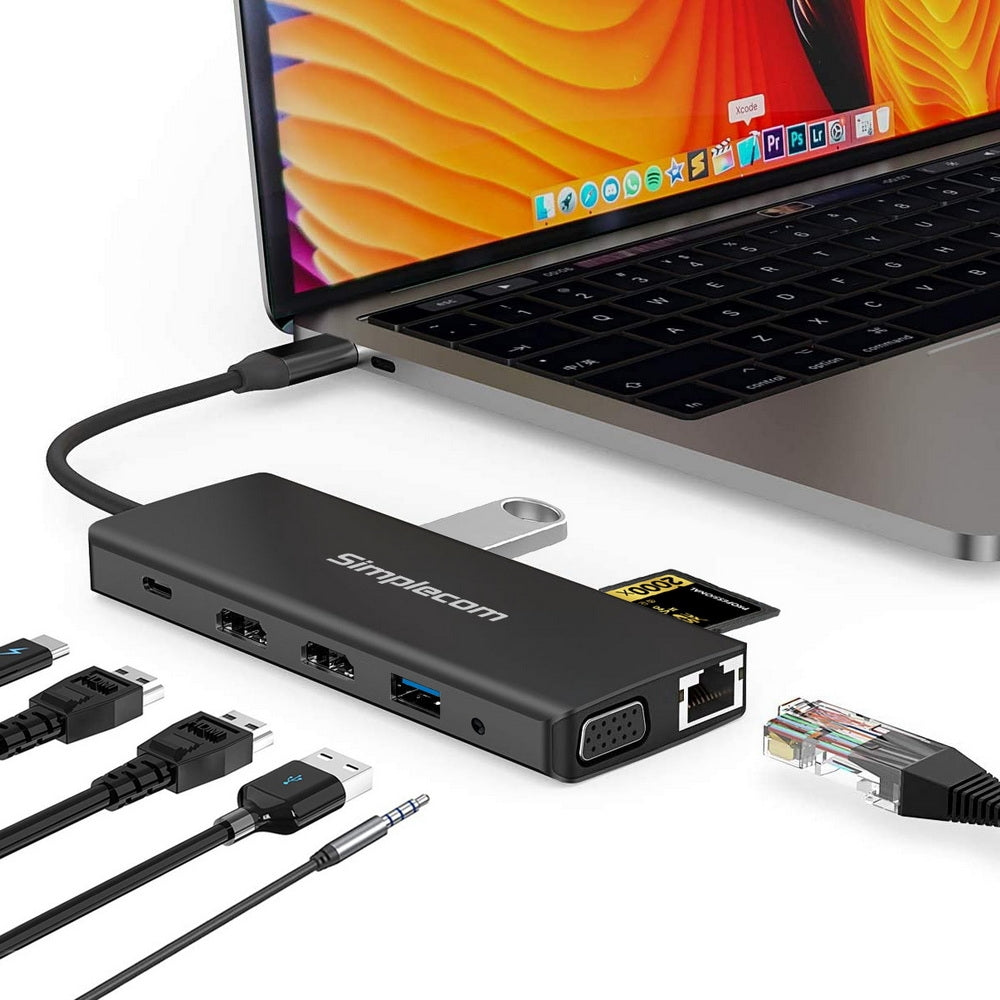 Simplecom CHN612 12-in-1 USB-C Docking Hub with Dual HDMI, VGA, and Gigabit Ethernet for Triple Display