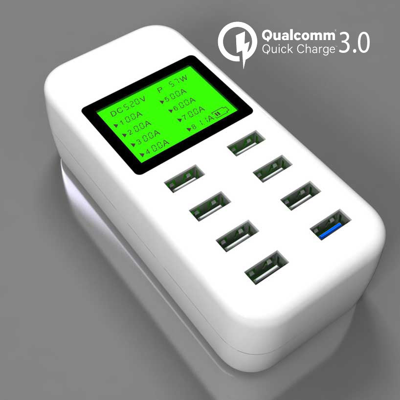 8-Port Smart USB Wall Charger with QC3.0 and LCD Display for iPad, iPhone, and Android Devices