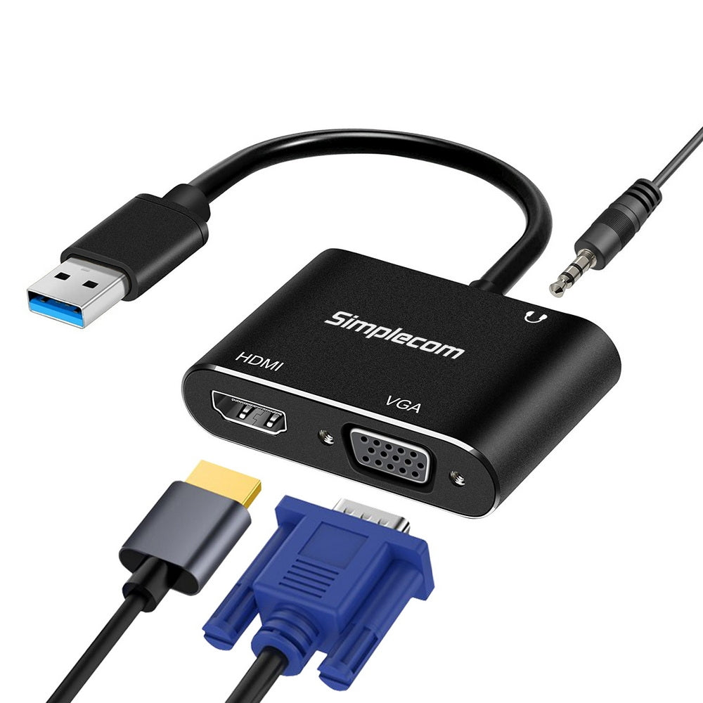 Simplecom DA316A USB-A to HDMI & VGA Dual Display Adapter with Audio Output