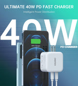 Choetech 40W Dual USB C Fast Charger with Foldable Plug - 2-Port 20W PD 3.0 Adapter - Front View