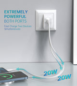 Choetech 40W Dual USB C Fast Charger with Foldable Plug - 2-Port 20W PD 3.0 Adapter