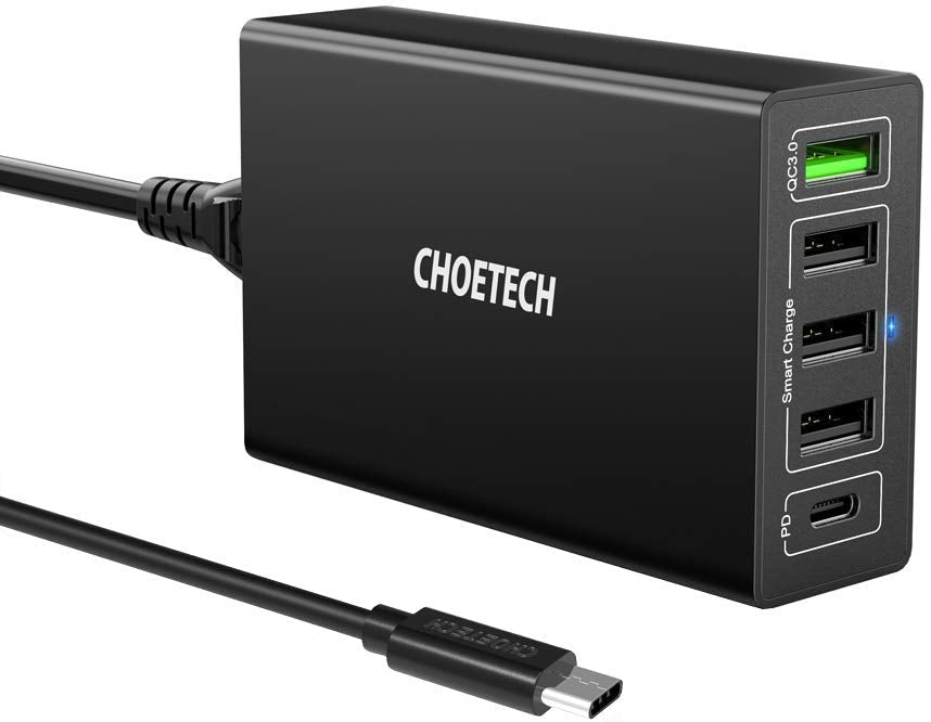 CHOETECH 5-Port 60W USB-C PD and QC 3.0 Fast Charger with Smart Charging Ports