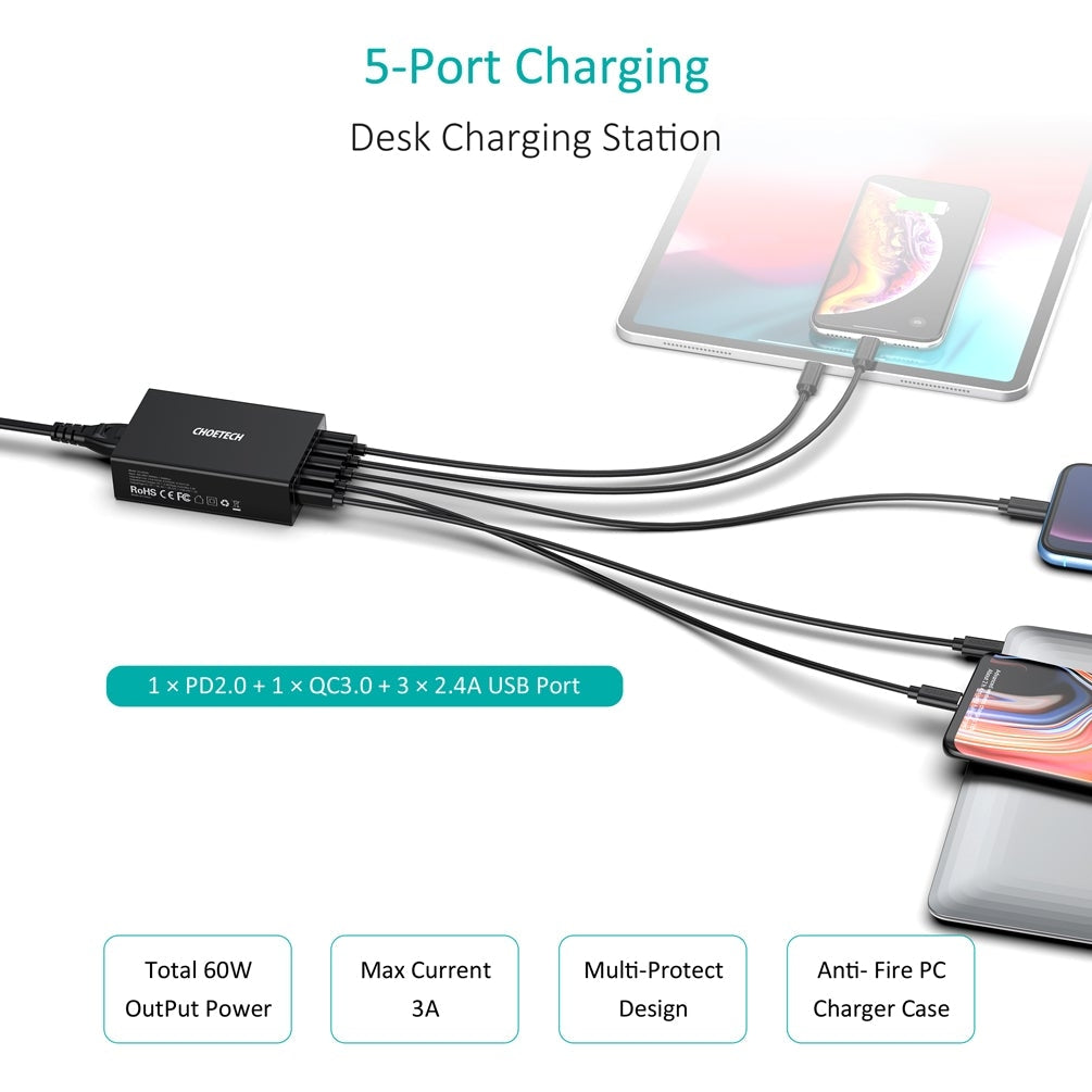 CHOETECH 5-Port 60W USB-C PD and QC 3.0 Fast Charger with Smart Charging Ports