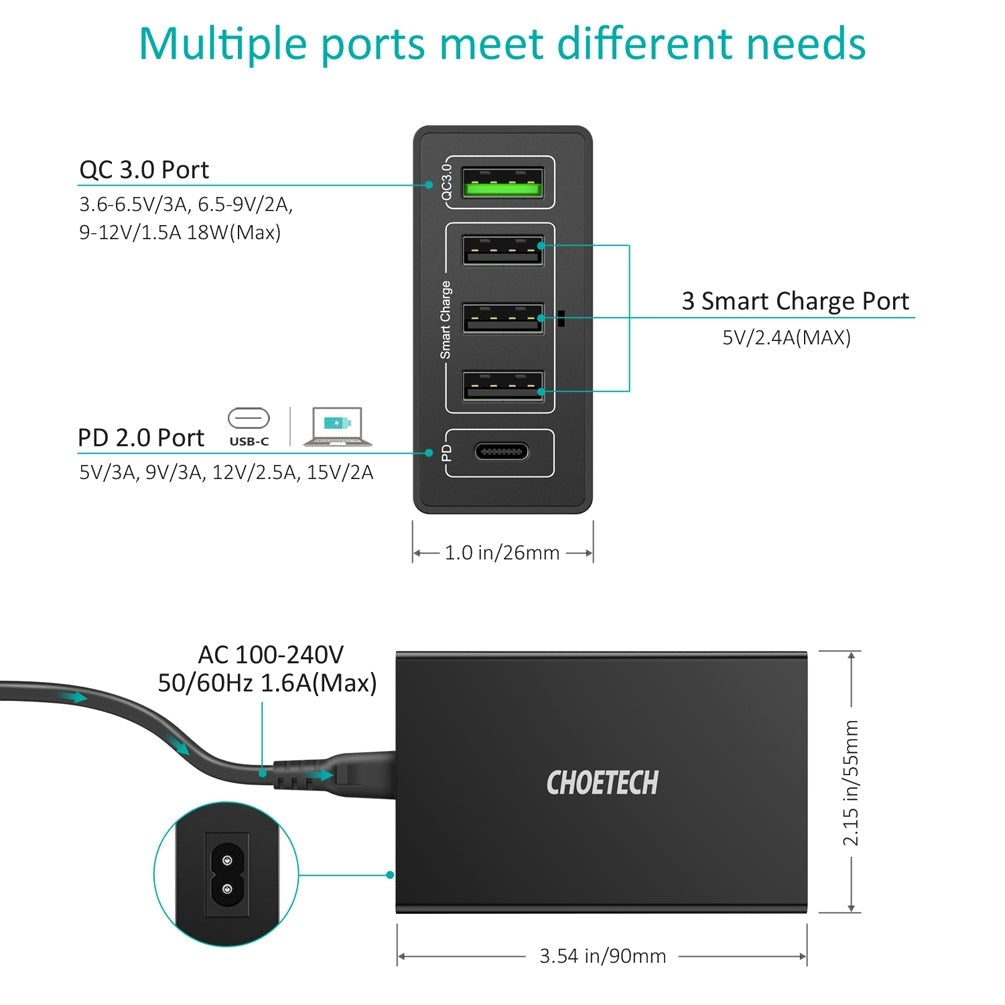 CHOETECH 5-Port 60W USB-C PD and QC 3.0 Fast Charger with Smart Charging Ports
