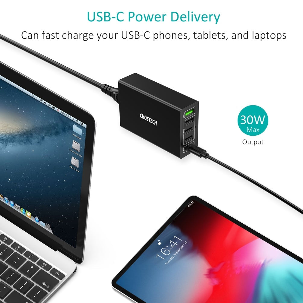 CHOETECH 5-Port 60W USB-C PD and QC 3.0 Fast Charger with Smart Charging Ports