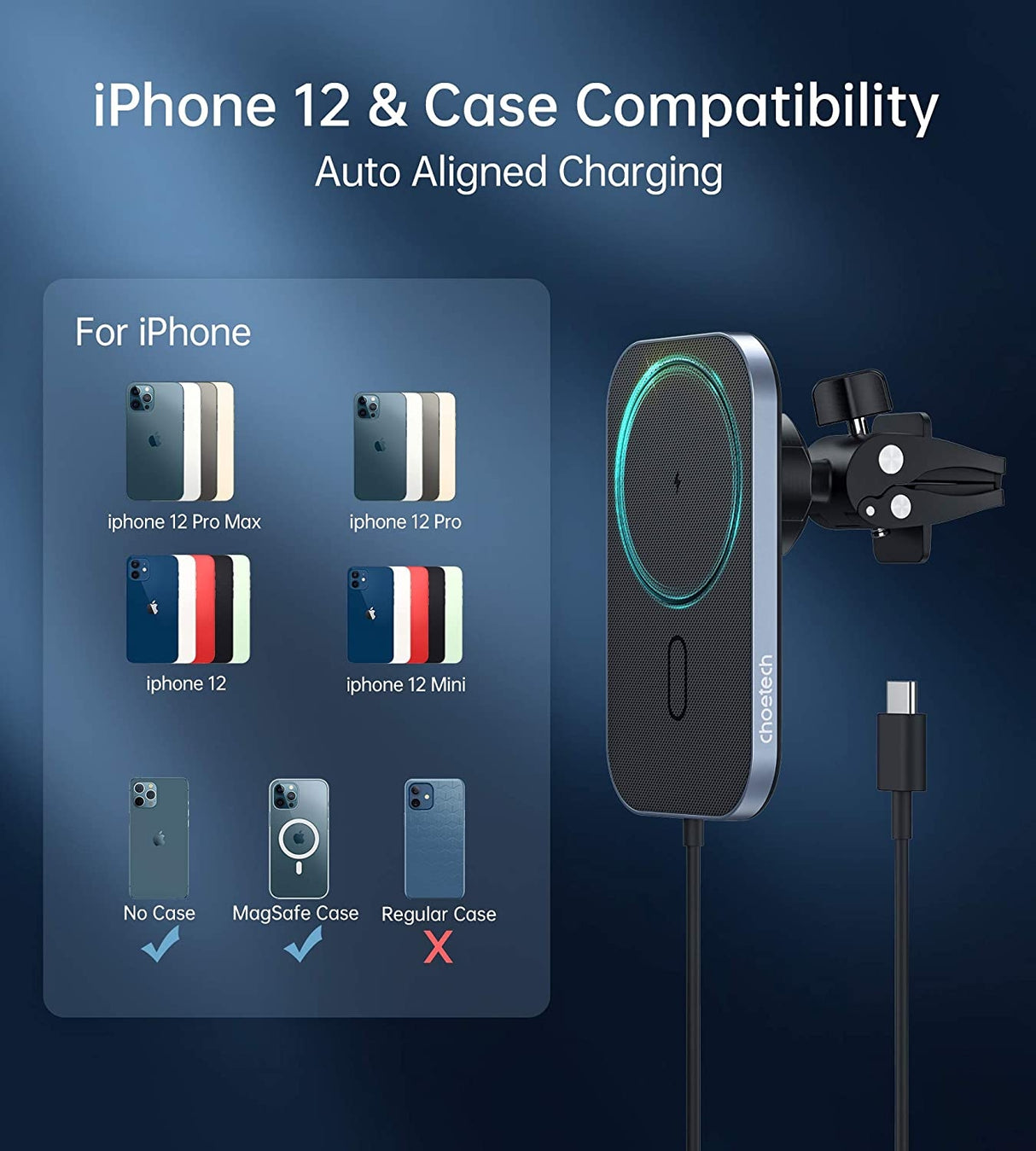 CHOETECH 15W MagLeap Magnetic Wireless Car Charger with 1M Cable and 360° Adjustable Mount