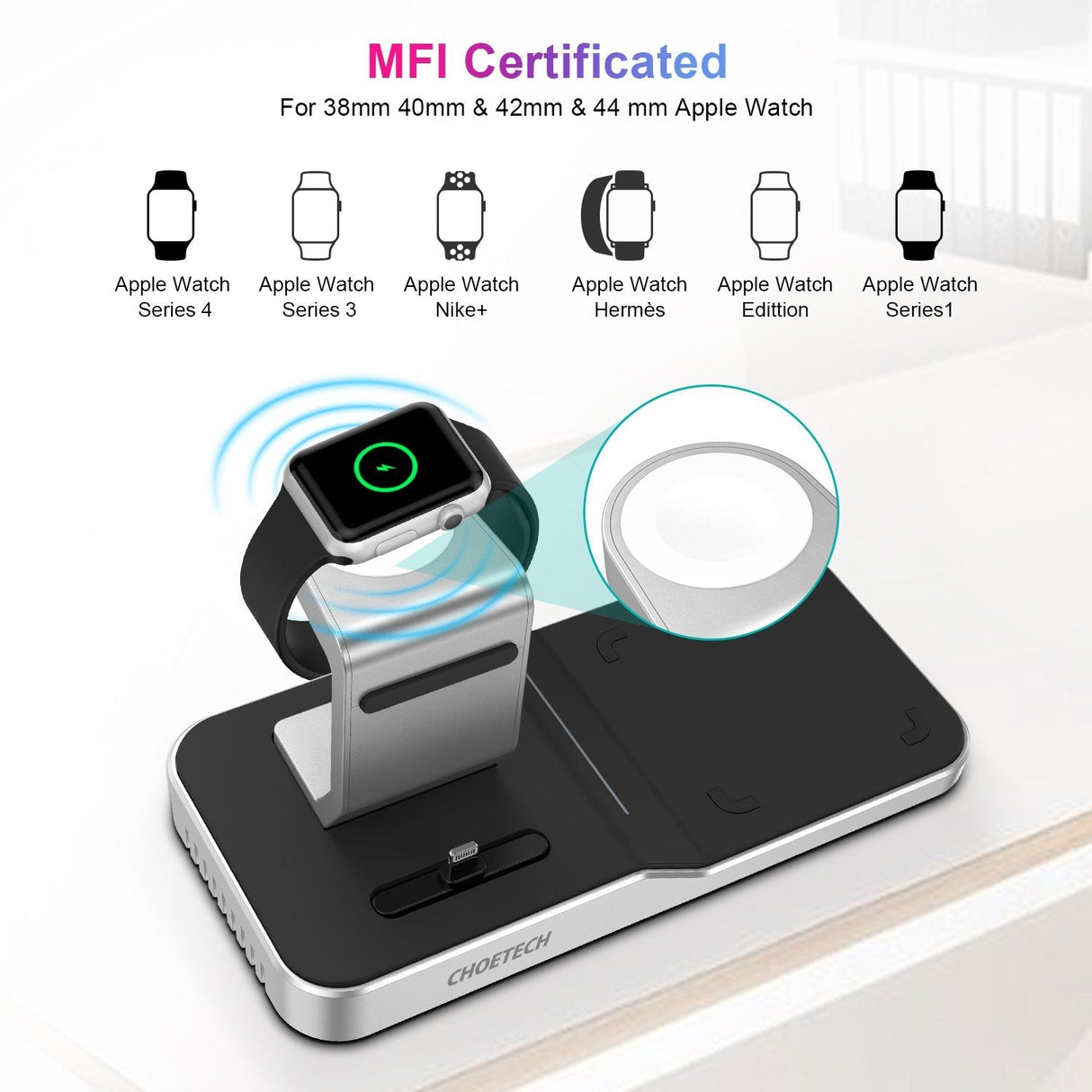 CHOETECH T316 Multi-Device Wireless Charging Dock for iPhone, Apple Watch, iPod, and Qi-Compatible Phones