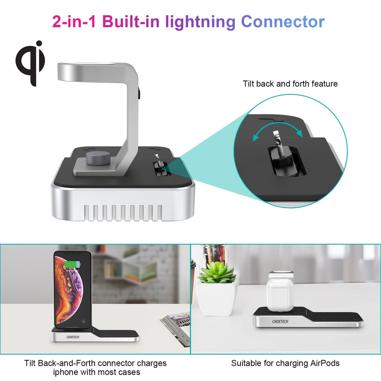CHOETECH T316 Multi-Device Wireless Charging Dock for iPhone, Apple Watch, iPod, and Qi-Compatible Phones