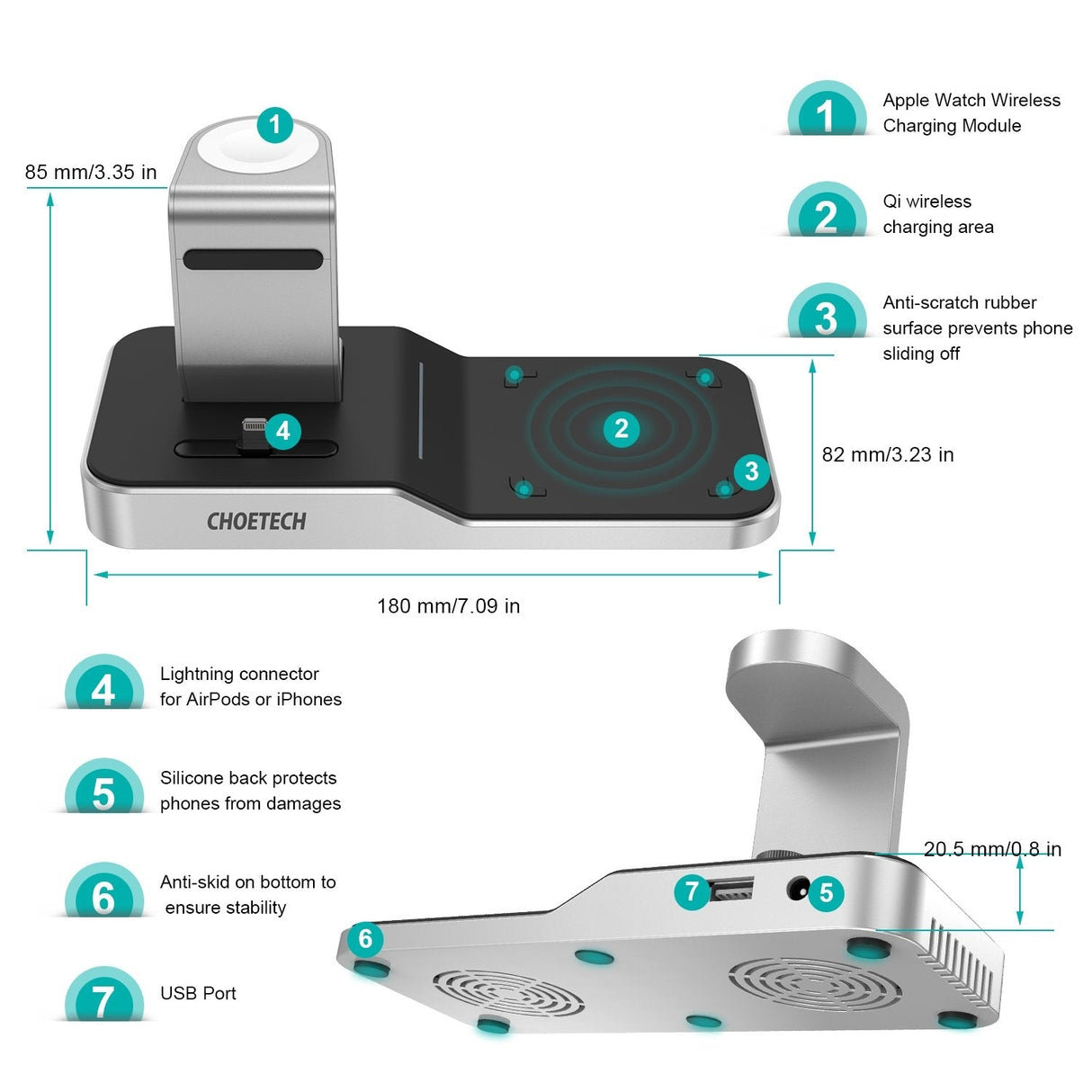 CHOETECH T316 Multi-Device Wireless Charging Dock for iPhone, Apple Watch, iPod, and Qi-Compatible Phones