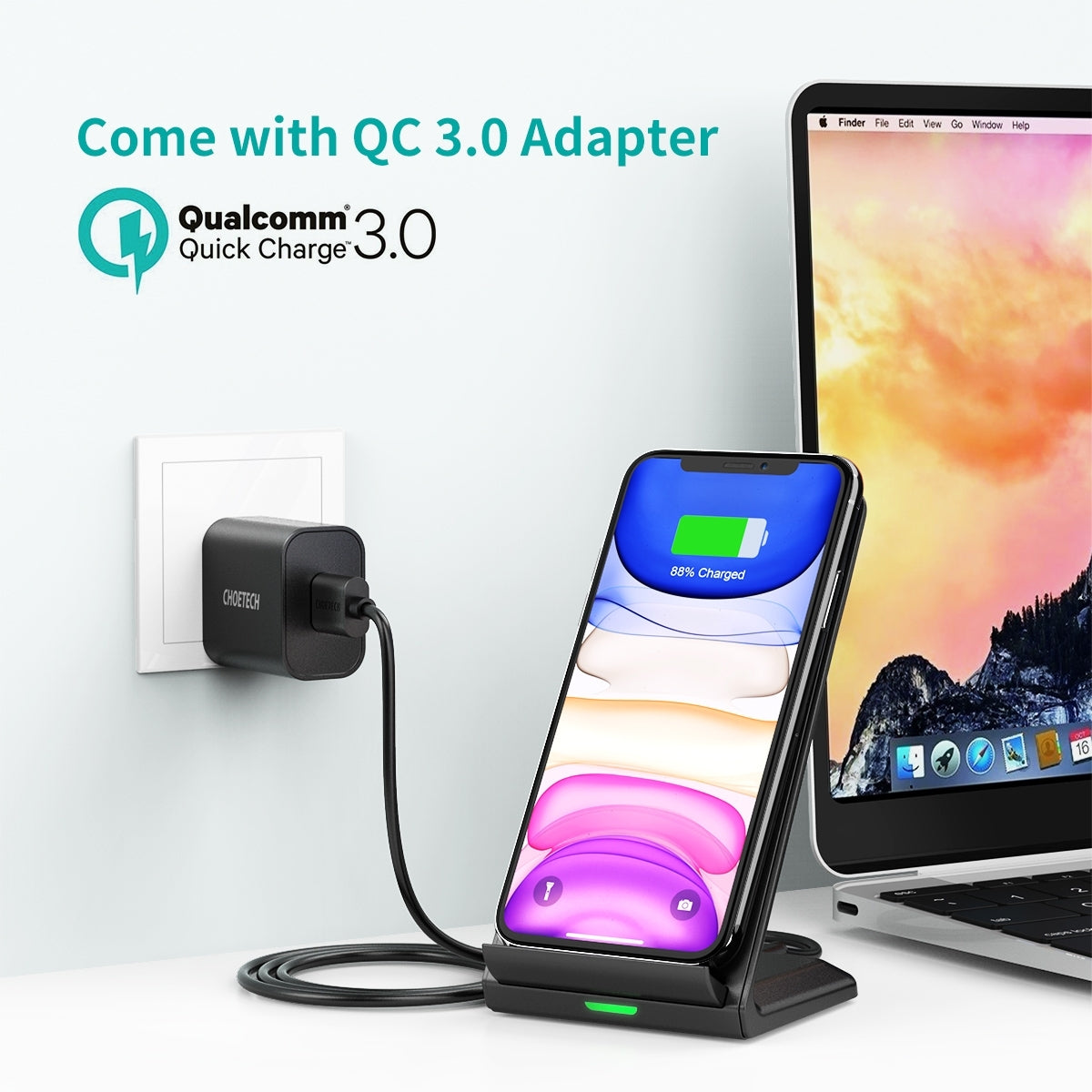 CHOETECH T524S 15W Fast Wireless Charging Stand with AC Adapter and Versatile Viewing Options