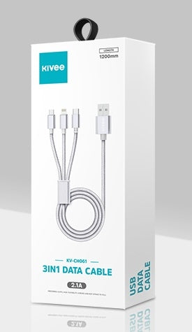 KIVEE CH061 1.2M Silver USB 3-in-1 Charging Cable with Multiple Connectors