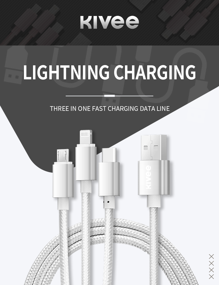 KIVEE CH061 1.2M Silver USB 3-in-1 Charging Cable with Multiple Connectors