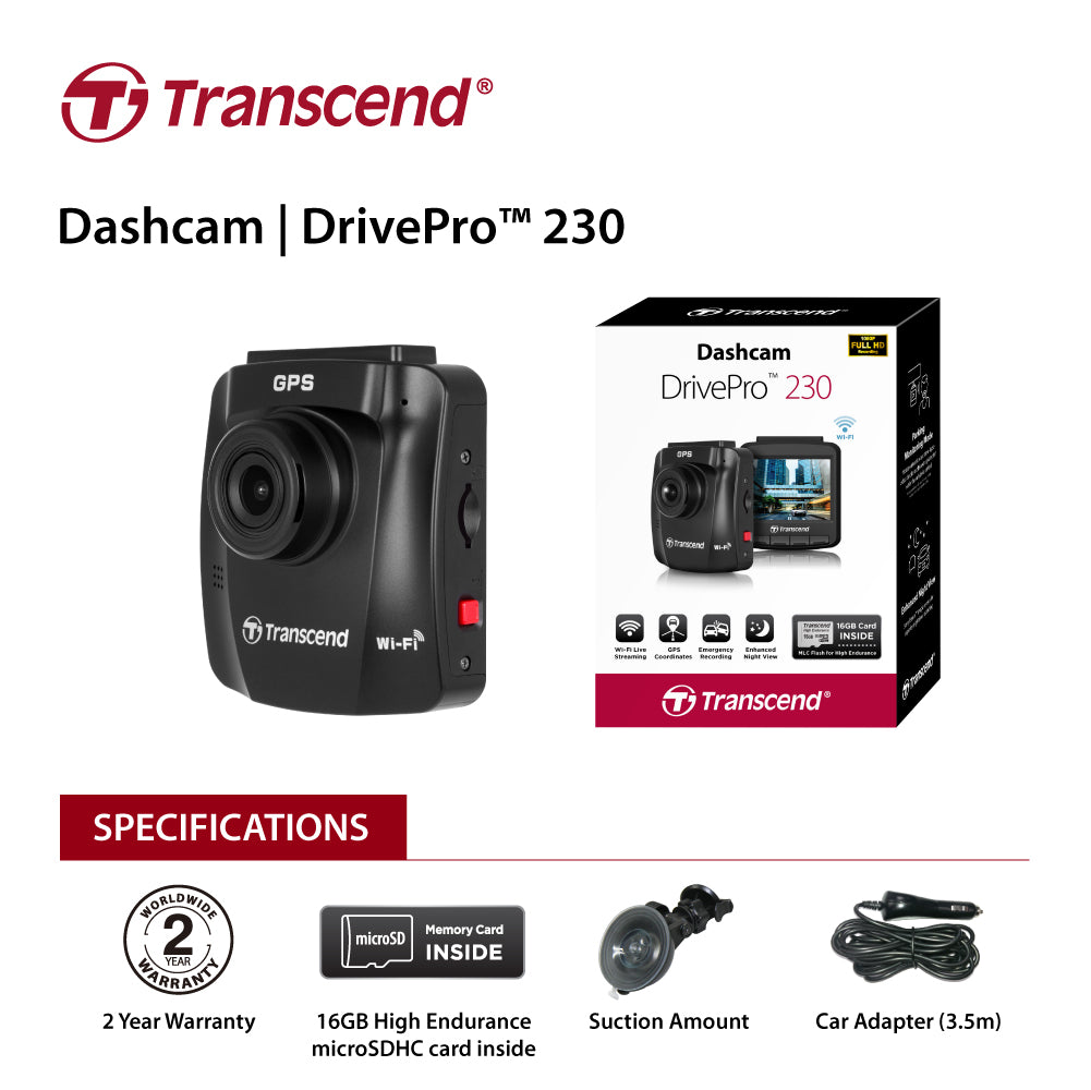 Transcend DrivePro 230 Dashcam with 32GB Storage, 2.4" LCD, GPS, and Suction Mount