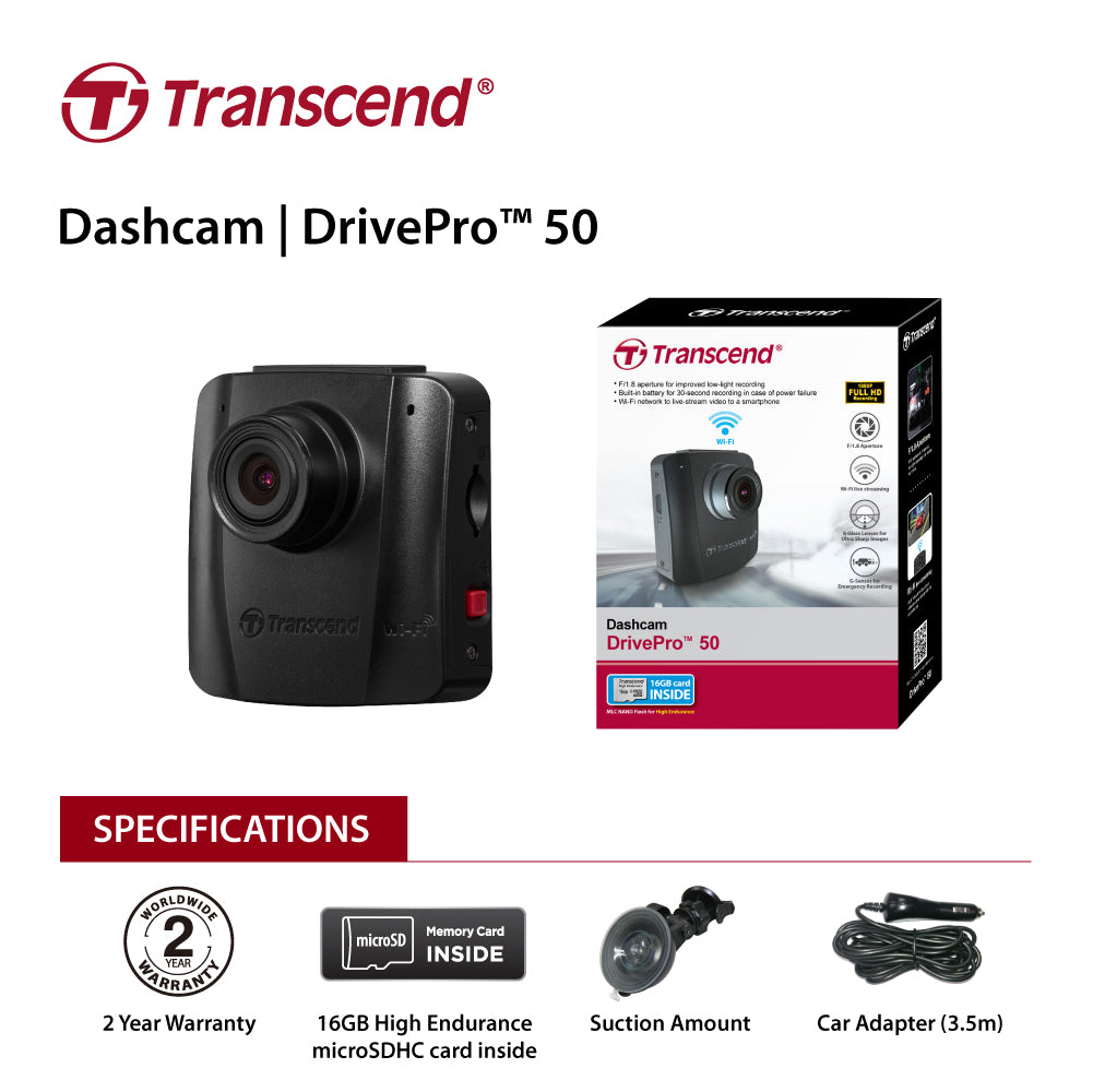 Transcend DrivePro 50 Compact Dash Camera with Suction Mount and 16GB Memory Card