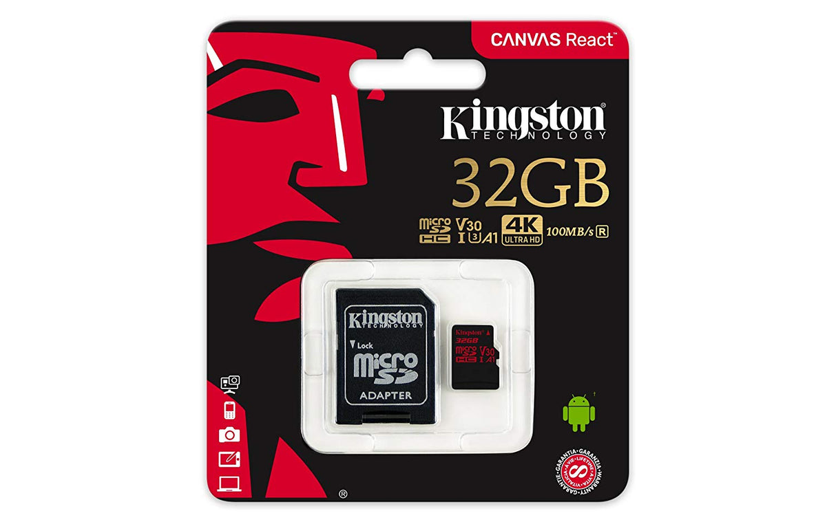 KINGSTON Canvas React 32GB MicroSD Card - 100MB/s Read, 70MB/s Write with SD Adapter