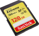 SanDisk 128GB Extreme SDXC UHS-I Memory Card - 150MB/s Read, 70MB/s Write, 4K UHD Ready - Front View