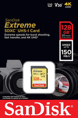 SanDisk 128GB Extreme SDXC UHS-I Memory Card - 150MB/s Read, 70MB/s Write, 4K UHD Ready - Top-Down View