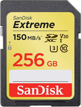 SanDisk 256GB Extreme SDXC UHS-I Memory Card - 150MB/s Read, 70MB/s Write, V30, U3, CL10 - Front View