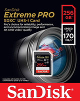 SanDisk 256GB Extreme Pro SDXC UHS-I Memory Card - 4K UHD Video Recording - Front View