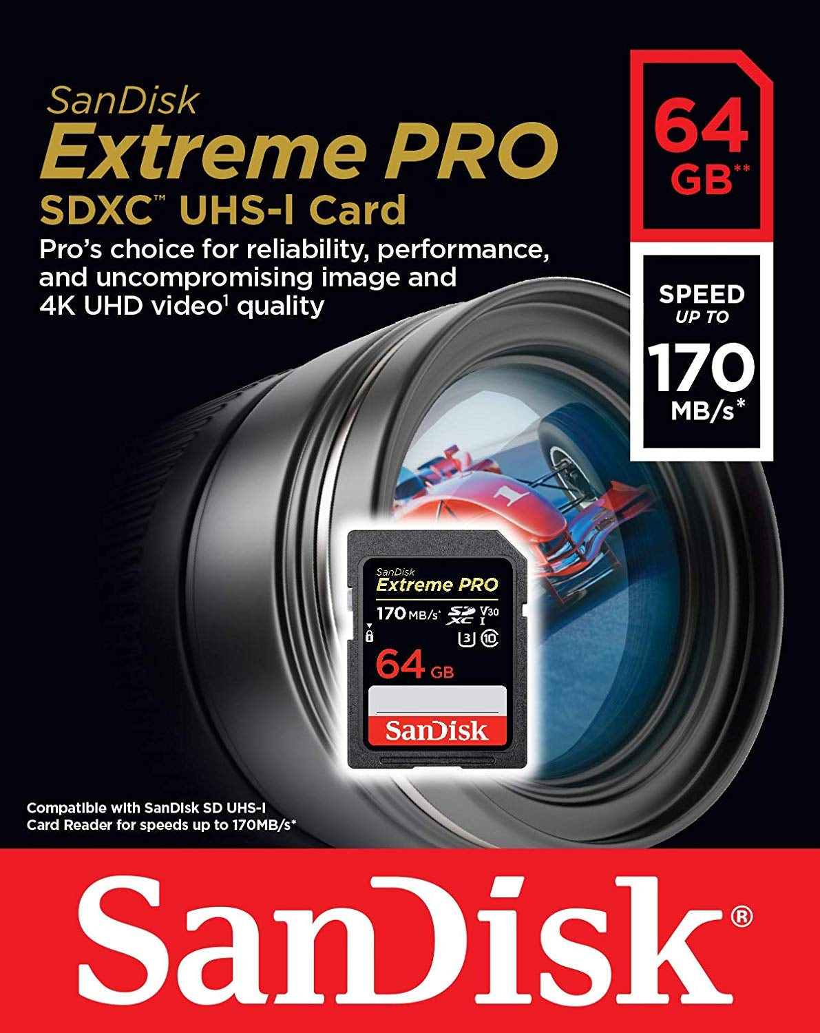SanDisk Extreme Pro 64GB SDXC Card - 170MB/s Read, 90MB/s Write, 4K UHD, UHS-I/U3