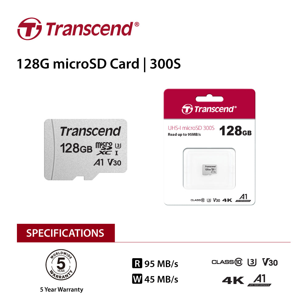 Transcend 128GB UHS-I U3A1 microSDXC Card (No Adapter) - High-Speed Performance with V30 and A1 Ratings