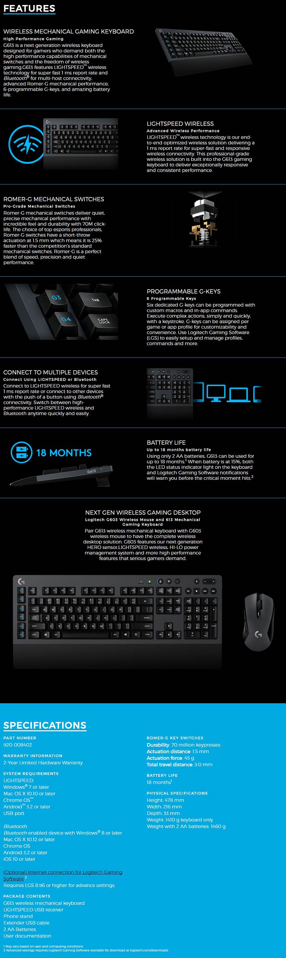 Logitech G613 Lightspeed Wireless Mechanical Gaming Keyboard with Macro Keys and Long Battery Life
