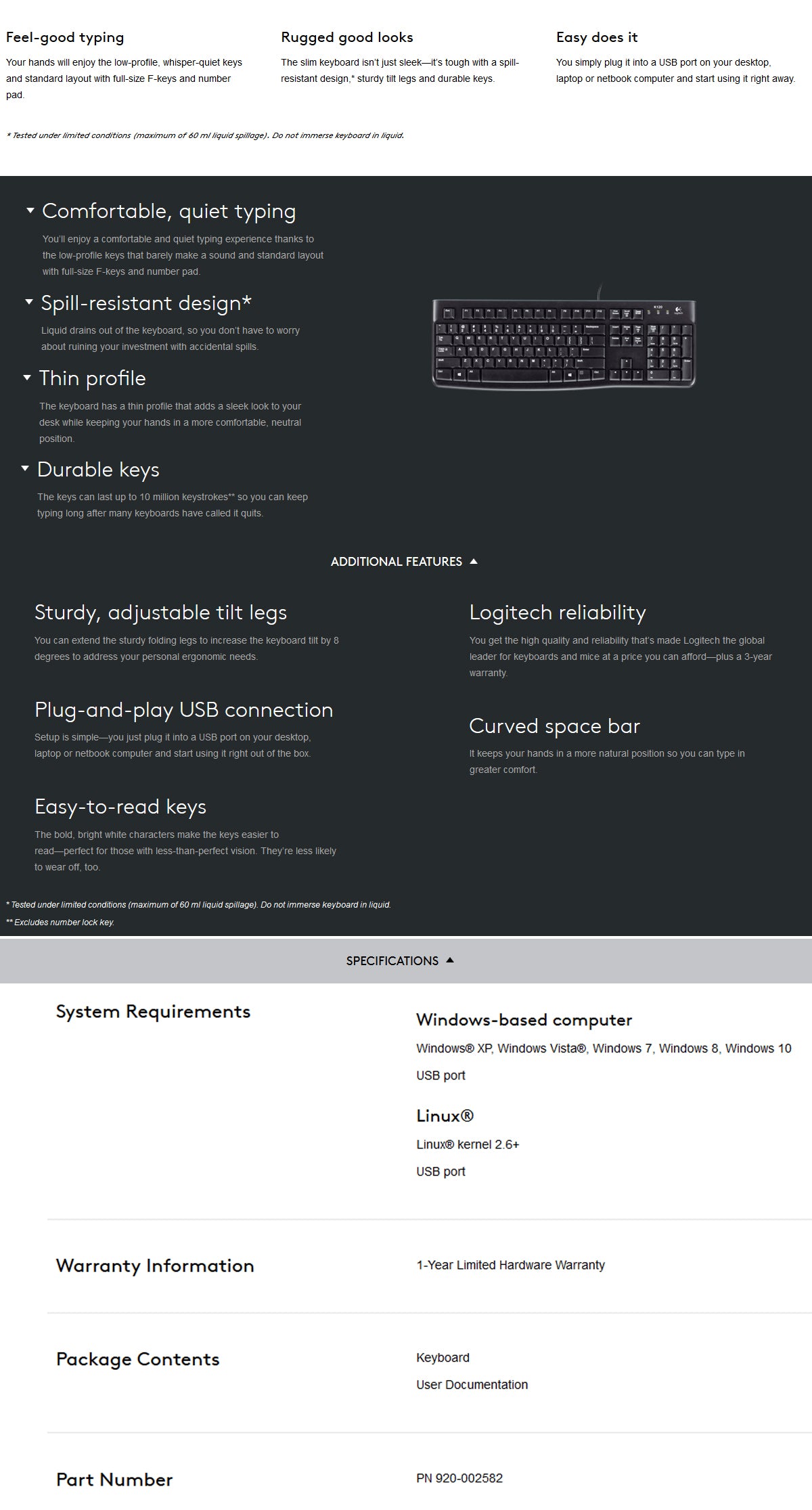 Logitech K120 USB Wired Keyboard - Durable Design with Adjustable Tilt Legs