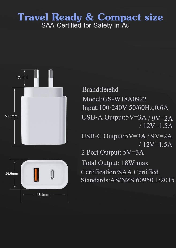 Dual-Port USB C Power Delivery and Quick Charge 3.0 Wall Charger