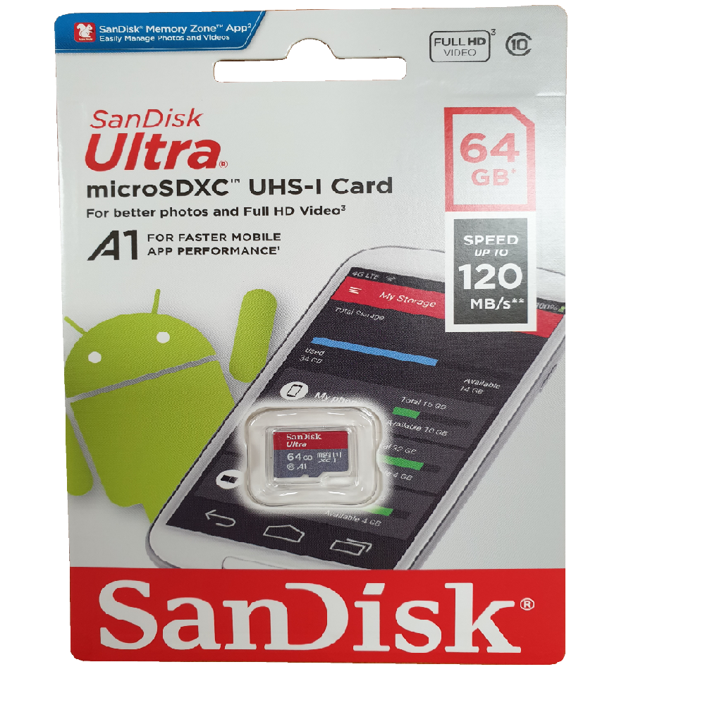 SanDisk Ultra Micro SDXC Card 64GB, UHS-I Class 10, A1, 120MB/s - No Adapter Included