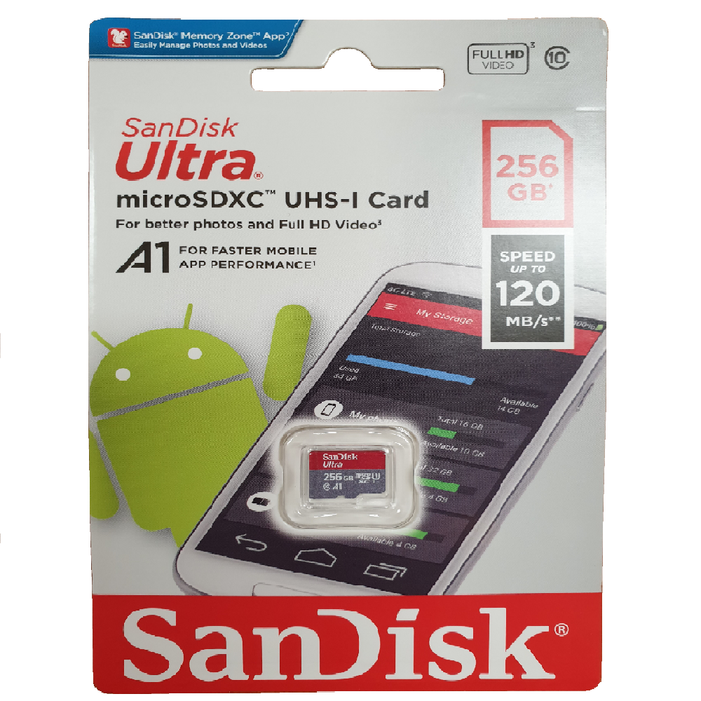 SanDisk Ultra 256GB Micro SDXC UHS-I Card - High-Speed 120MB/s, A1 Performance, Full HD Video
