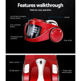 Devanti 2200W Cyclonic Bagless Vacuum Cleaner with HEPA Filter for Home and Office - Red - Rear View
