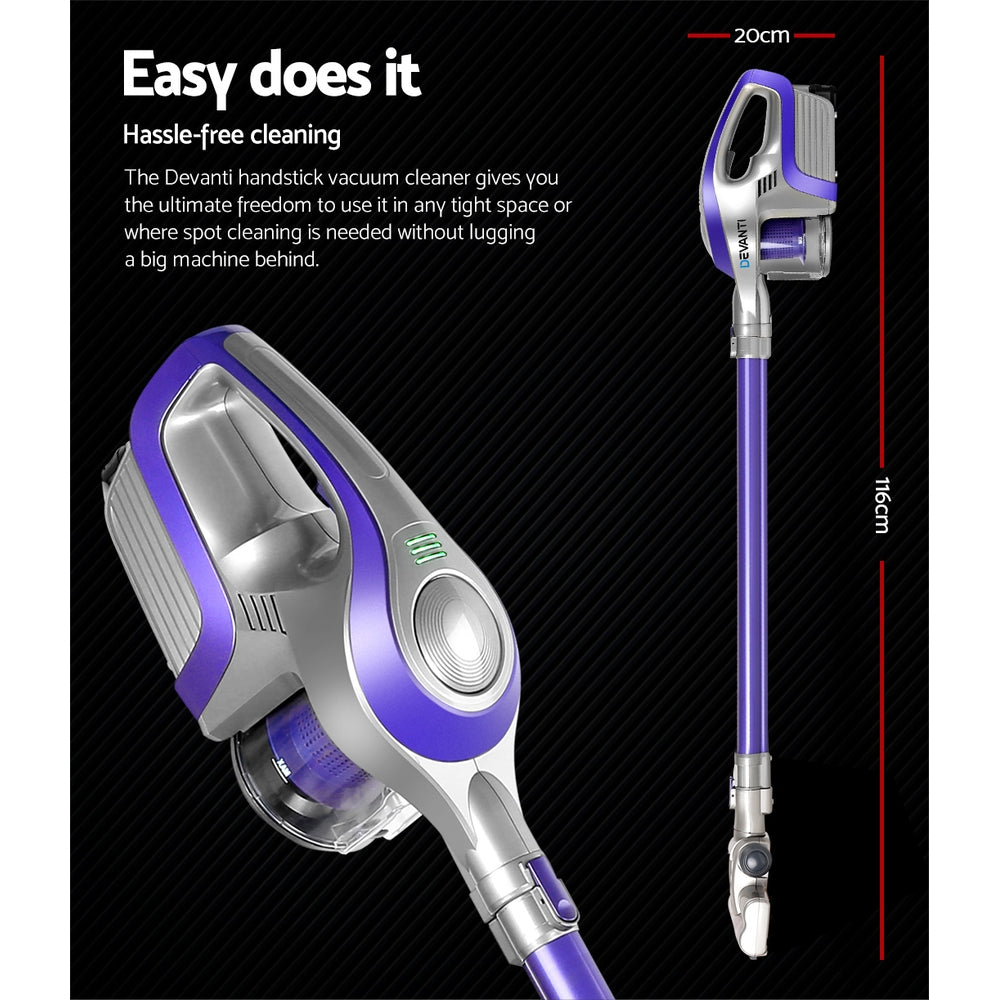 Devanti Cordless 150W Handstick Vacuum Cleaner - Bagless, Lightweight & Versatile in Purple