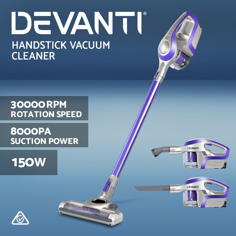 Devanti Cordless 150W Handstick Vacuum Cleaner - Bagless, Lightweight & Versatile in Purple