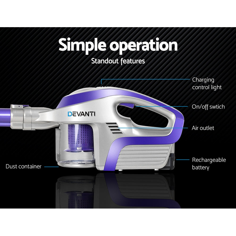 Devanti Cordless 150W Handstick Vacuum Cleaner - Bagless, Lightweight & Versatile in Purple